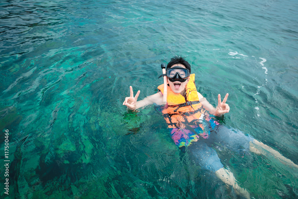 Man snorkeling in blue sea