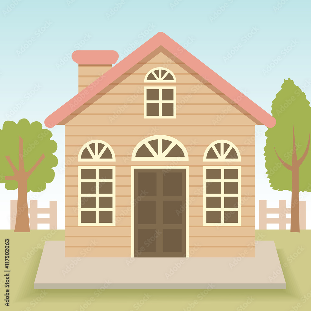 Illustration vector design the little home, house with fence in garden. Illustration vector design the little home, house with fence in garden.