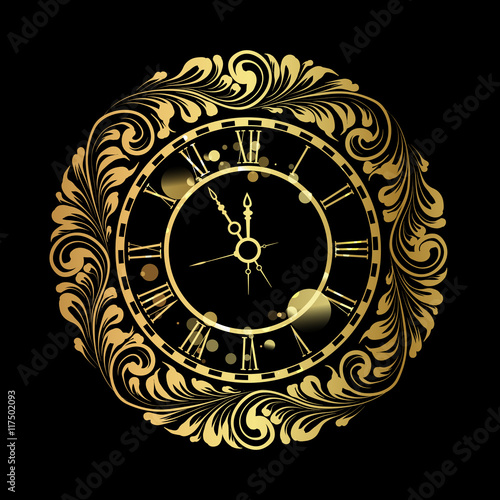 Happy new year golden clock over black background. Old clock with roman numbers.