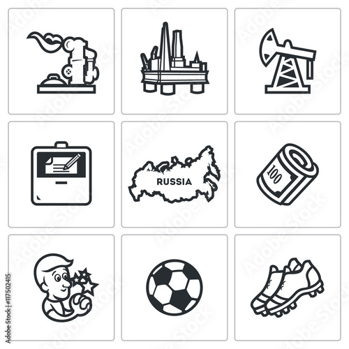 Vector Set of Russia Icons. Gas, Oil, Contract, Territory, Money, Man,  Football, Shoes.