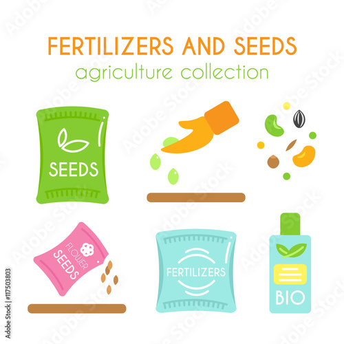 Vector fertilizer illustrations. Seeds pack design. Bottle of bio fertilizers. Flat argiculture collection.