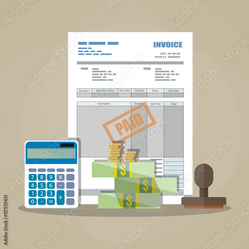 paper invoice, paid stamp, calculator, cash money