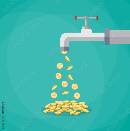 Golden coins fall out of the metal tap