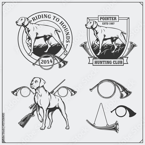 Set of Hunting Club labels. Pointer dog emblems, labels and design elements.