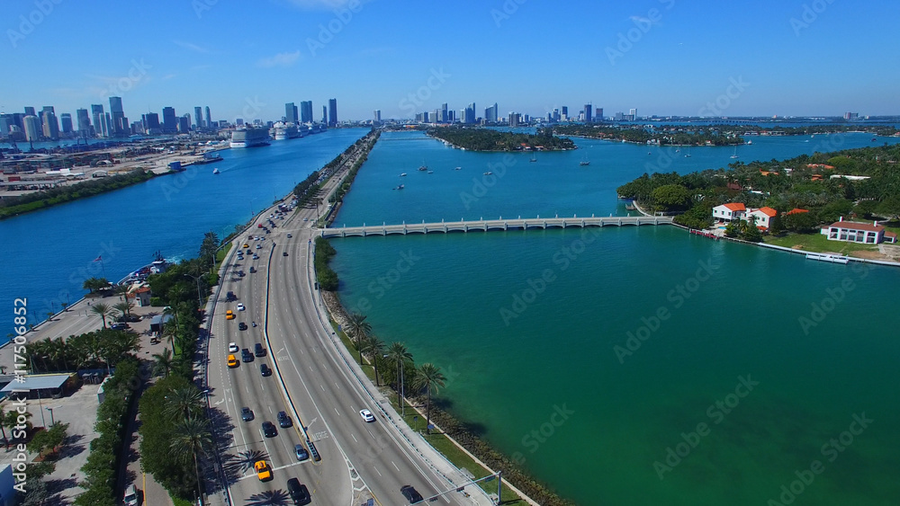 Miami Beach, Florida. Aerial view of city skyline at dusk