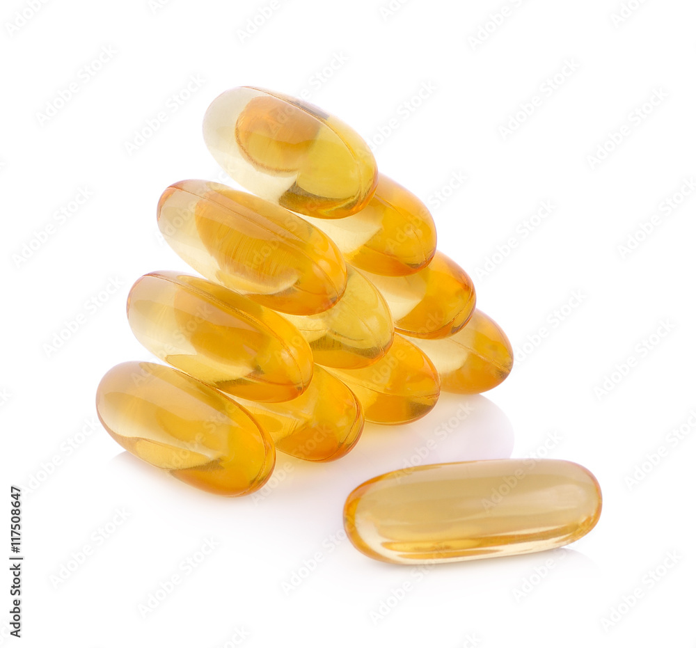 Cod liver oil omega 3 gel capsules isolated on white background Cod liver oil omega 3 gel capsules isolated on white background