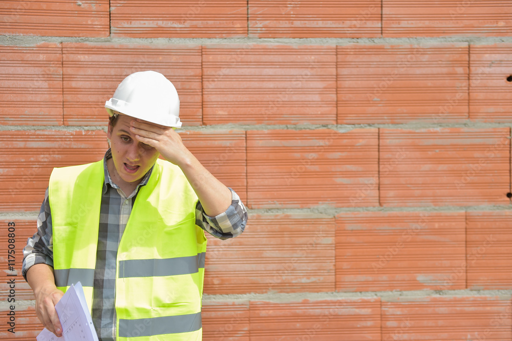 Engineer builder working under strong heat and wiping his forehead Engineer builder working under strong heat and wiping his forehead