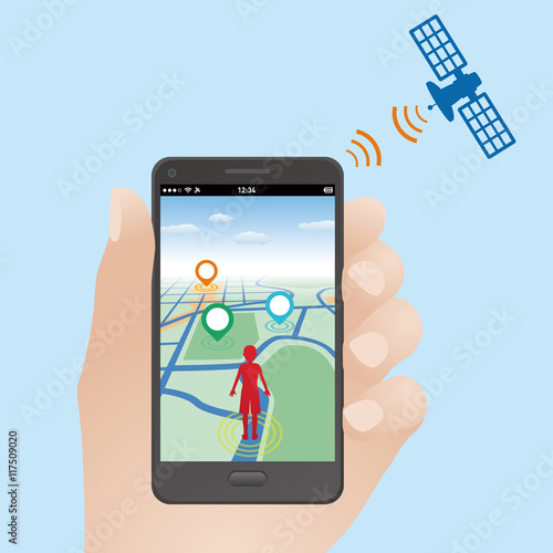 smart phone game application using location information, hand hold smart phone, vector illustration