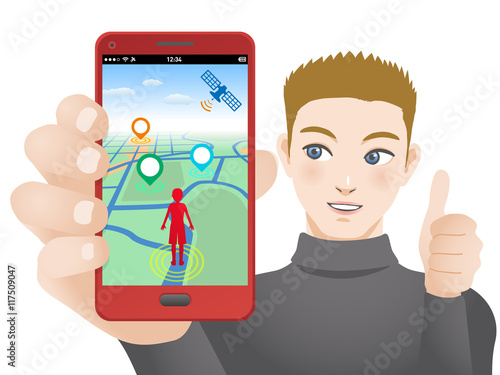 smart phone game application using location information, young man holding smart phone and giving thumb up sign, vector illustration