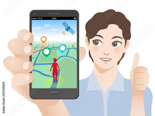 smart phone game application using location information, young man holding smart phone and giving thumb up sign, vector illustration