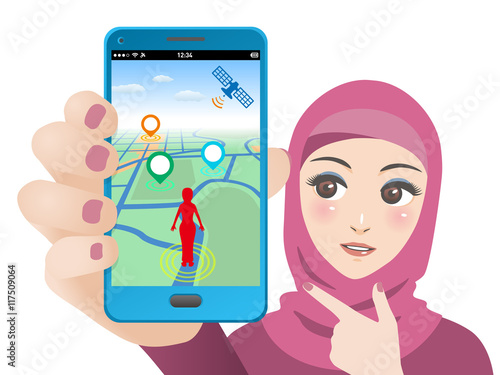 smart phone game application using location information, muslim woman holding smart phone and pointing screen, vector illustration