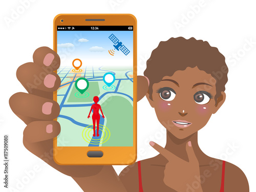 smart phone game application using location information, young woman holding smart phone and pointing screen, vector illustration