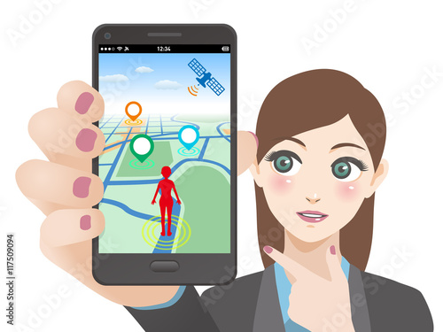 smart phone game application using location information, young woman holding smart phone and pointing screen, vector illustration