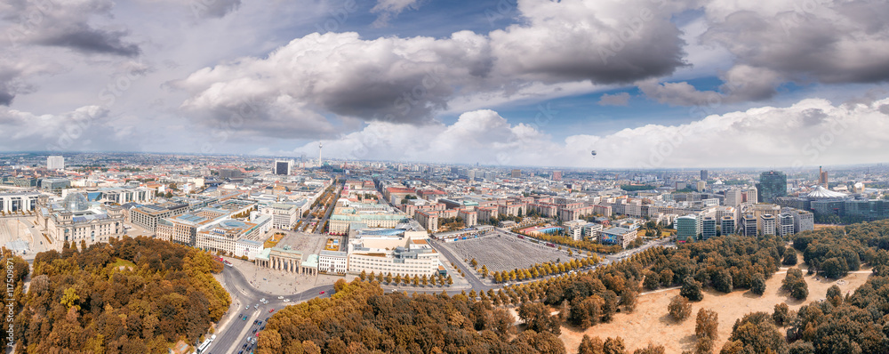 Aerial panoramic view of Berlin Brandenburg Gate area, Germany