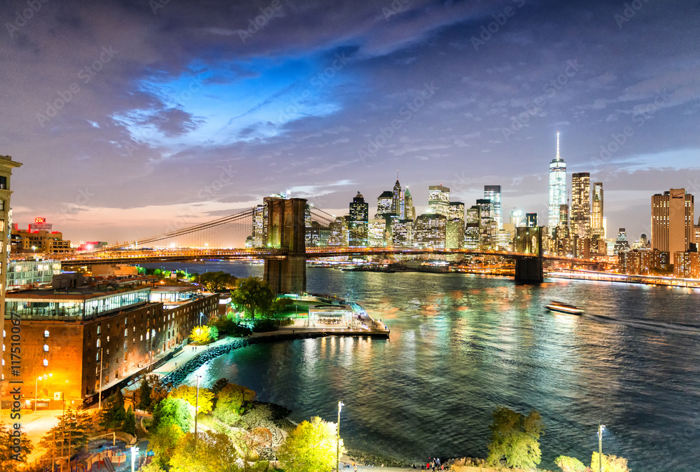 Brooklyn Bridge Park and Manhattan at twilight, New York City