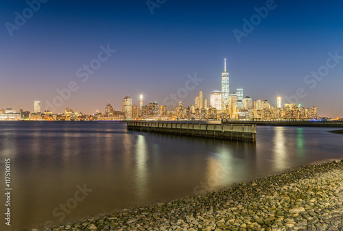 Downtown Manhattan at night from Jersey City  USA