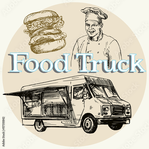 Food truck. Hand drawn vector illustration.