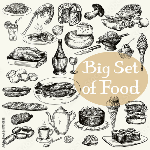 Big set of food product. Original detailed drawing.