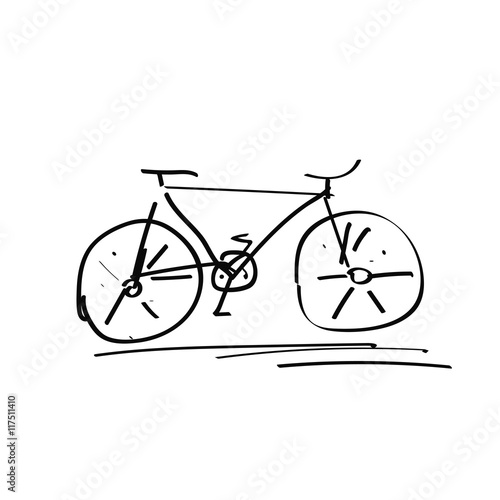 Bicycle handdrawn sketch isolated on white background, black doodle bike drawing