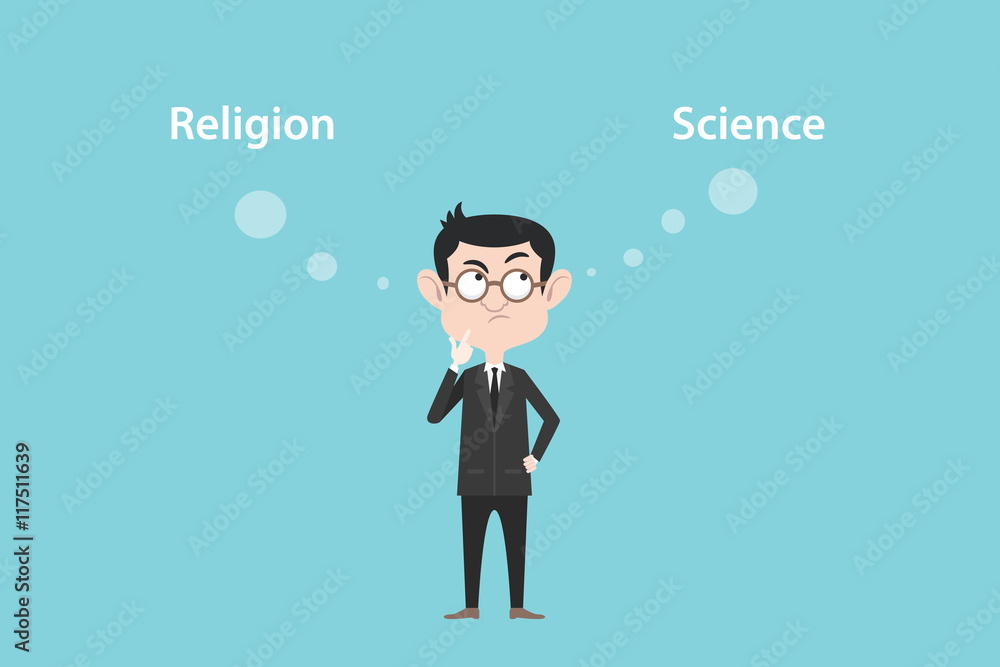 religion or science concept with businessman standing confuse to choose between two option vector graphic religion or science concept with businessman standing confuse to choose between two option vector graphic