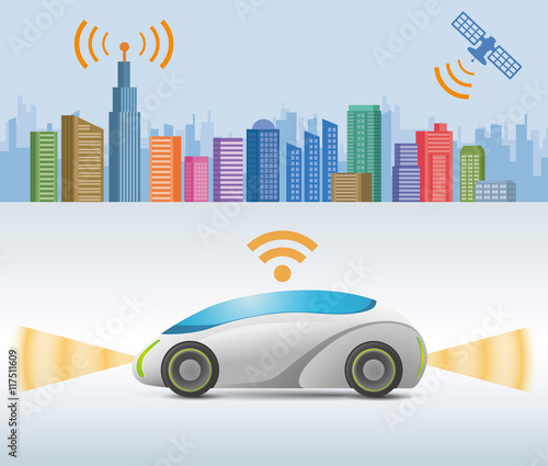 autonomous concept car that communicates with satellite and wireless communication antenna, vector illustration