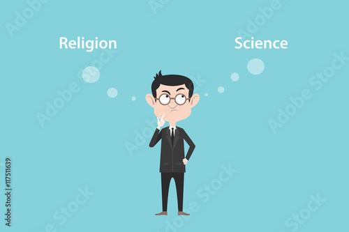 religion or science concept with businessman standing confuse to choose between two option vector graphic