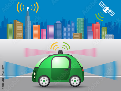 autonomous concept car that communicates with satellite and wireless communication antenna, vector illustration