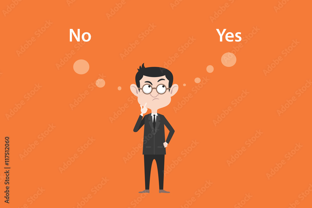 yes or no concept with businessman standing confuse to choose between two option vector graphic yes or no concept with businessman standing confuse to choose between two option vector graphic