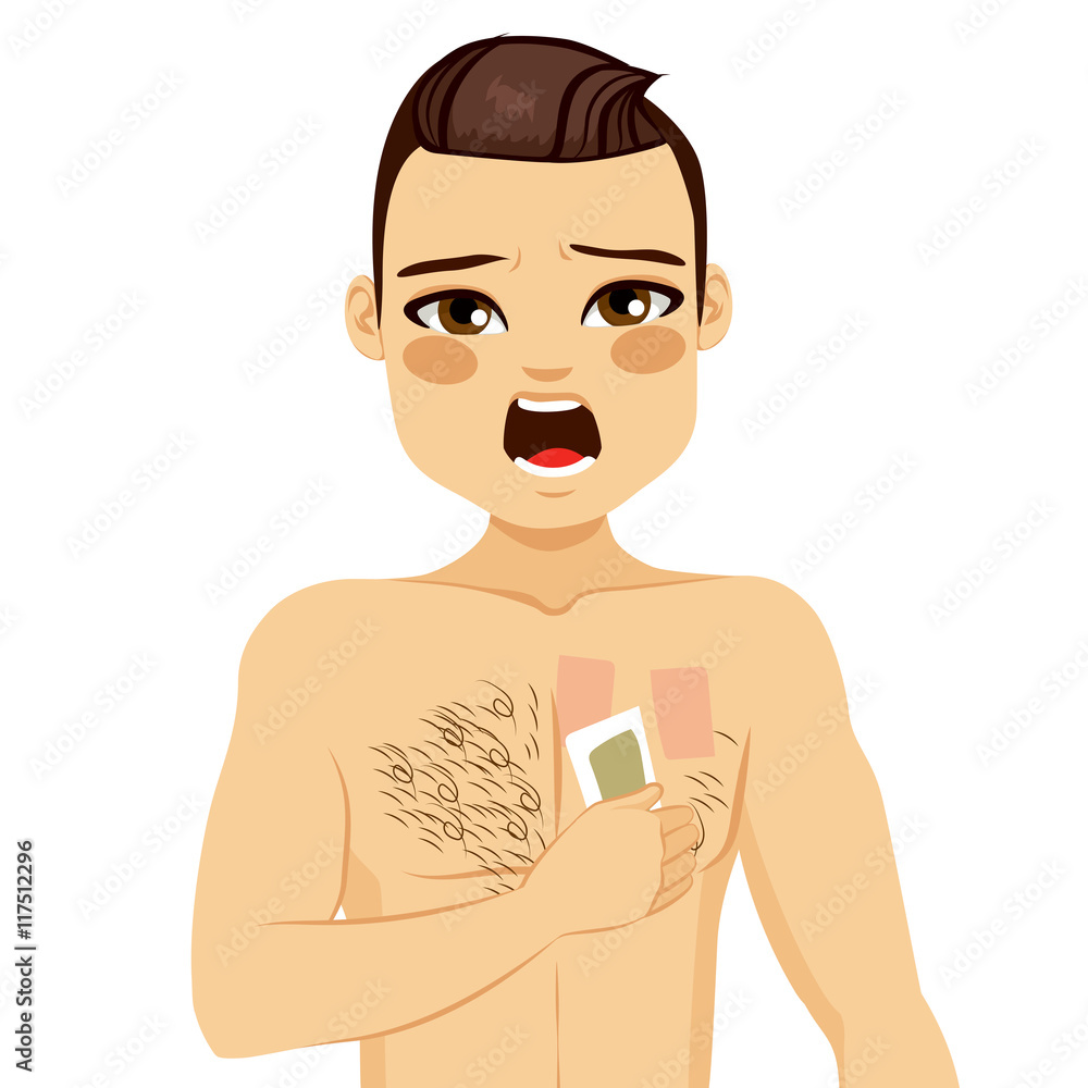 Young man waxing his chest to depilate body hair screaming in pain