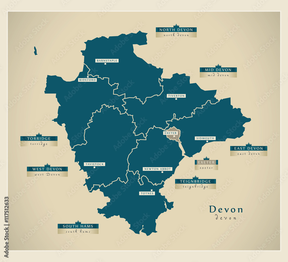 Fototapeta premium Modern Map - Devon county with districts and labels UK