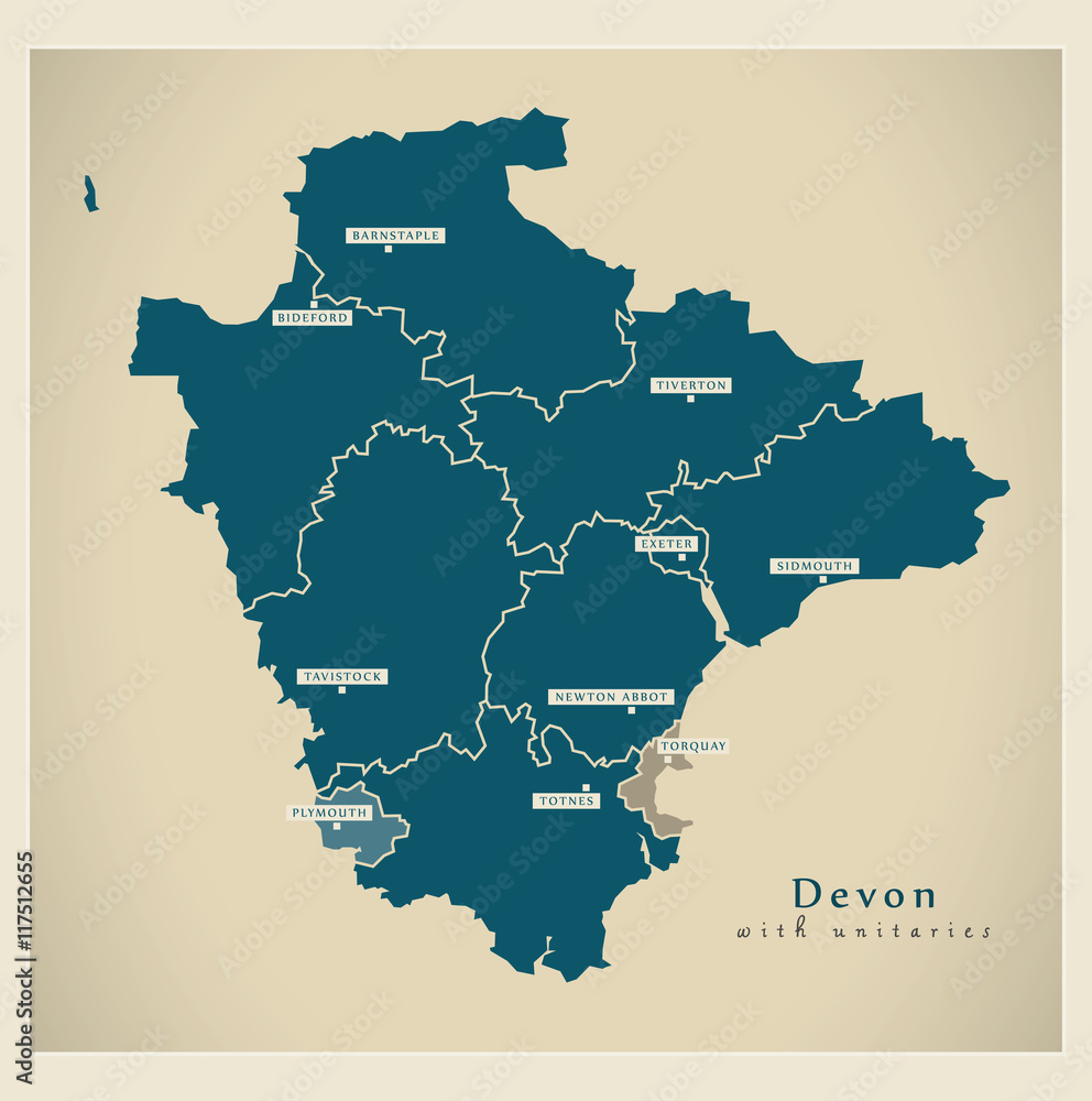 Modern Map - Devon county with unitaries and districts UK