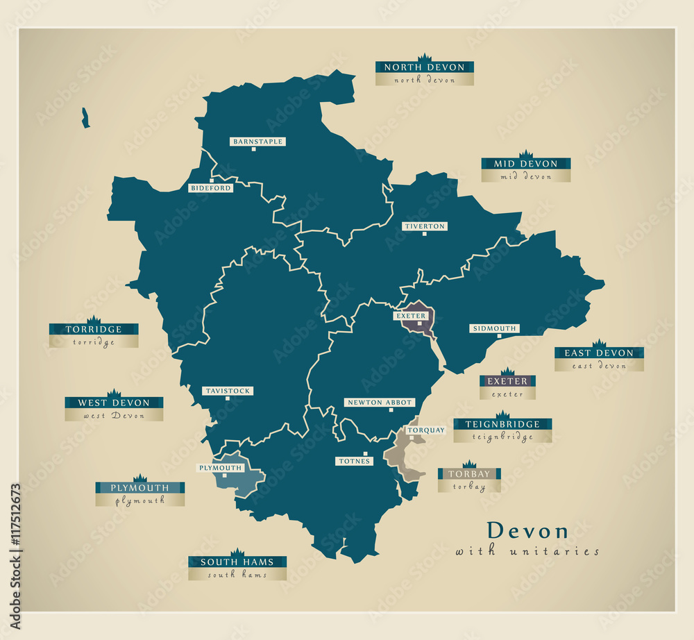 Modern Map - Devon county with unitaries and district labels UK