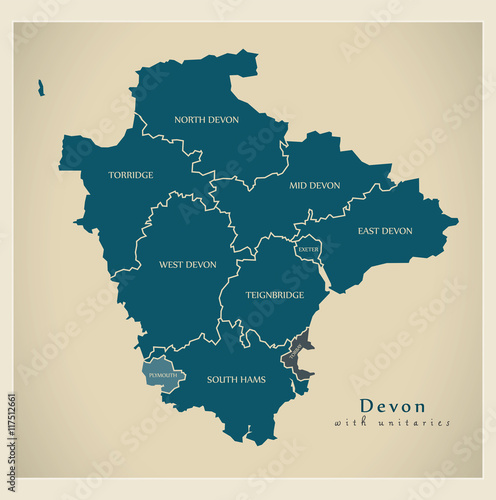 Modern Map - Devon county with unitaries and detailed districts UK photo