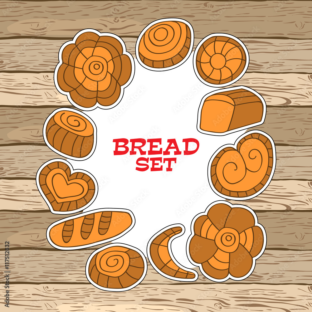 vector illustration of bread, sweet buns, a set of icons of bread, bread buns sketches on a wooden background
