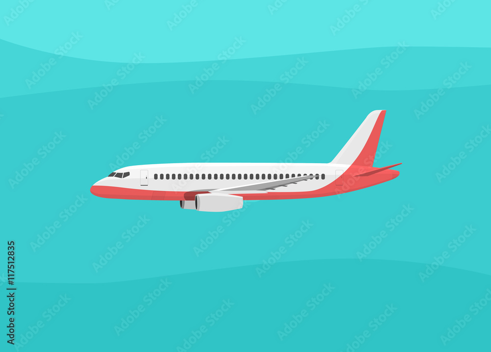 Airplane flies in the sky. Side view. Cartoon vector illustration