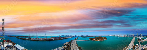 Aerial panoramic view of Miami. Downtown, Beach, Port and MacArt