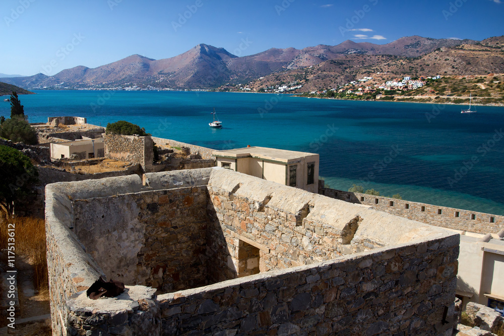 Old building with no roof on the island of Spinalonga. Mirabello Bay. Crete.