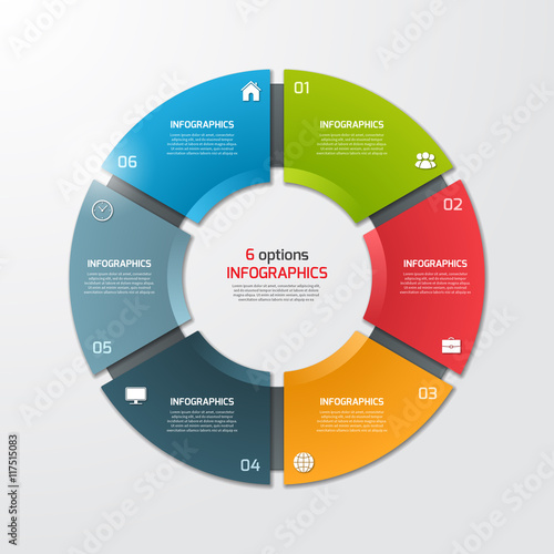 Pie chart circle infographic template with 6 options. Business concept. Vector illustration.