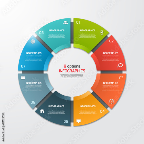 Pie chart circle infographic template with 8 options. Business concept. Vector illustration.
