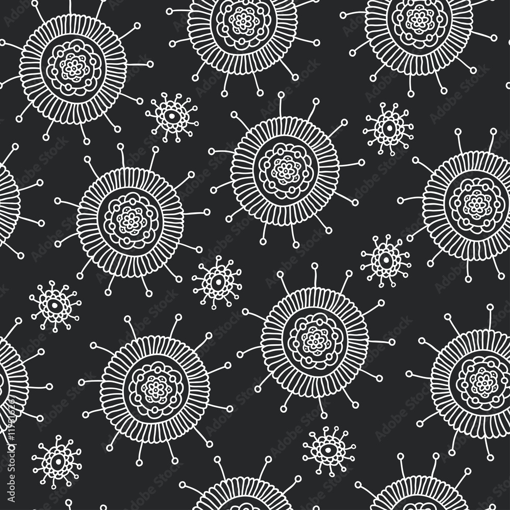 Fototapeta Simple doodle flower black pattern. Seamless abstract background. Vector illustration.