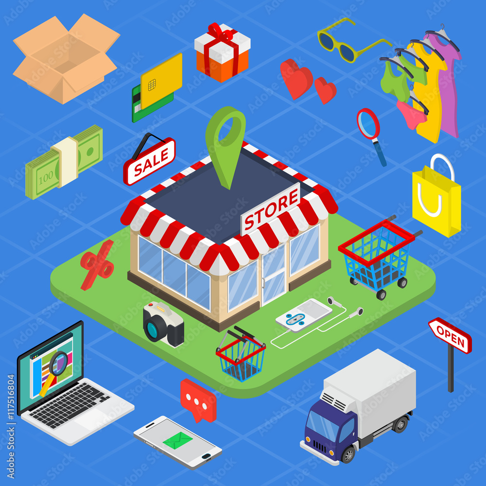 Flat 3d web isometric e-commerce, electronic business, online shopping, payment, delivery, shipping process, sales, black friday infographic concept vector. Flat 3d web isometric e-commerce, electronic business, online shopping, payment, delivery, shipping process, sales, black friday infographic concept vector.