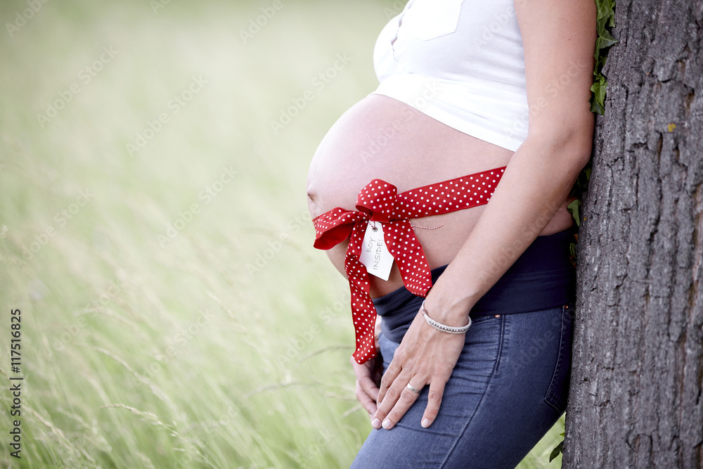 frau schwanger mit schleife um bauch StockFoto Adobe Stock