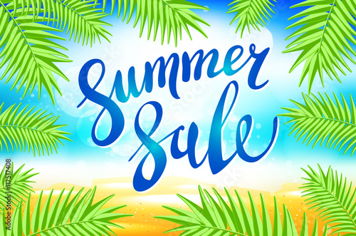 Summer sale lettering on blue background. Vector illustration EPS10