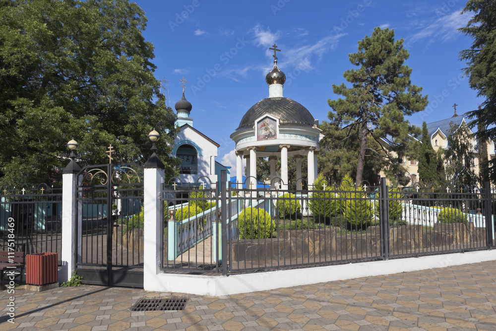 Blessing of the waters rotunda and Holy Trinity Church in settlement resort of Adler, Sochi, Krasnodar region, Russia