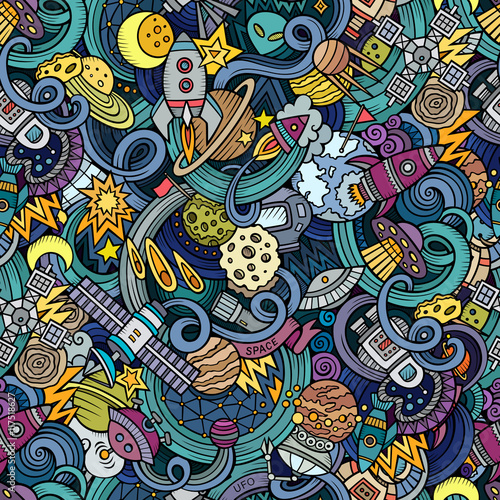 Cartoon hand-drawn doodles on the subject of space seamless pattern
