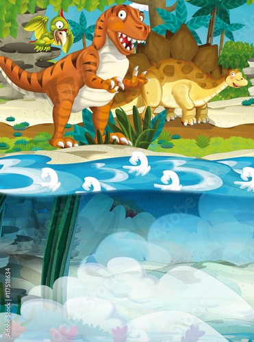 Cartoon happy dinosaur - tyrannosaurus and underwater dinosaur - illustration for the children