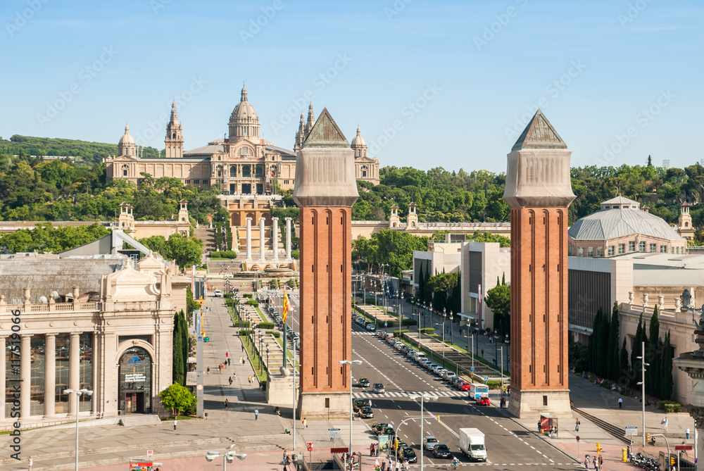 Fototapeta premium Venetian Towers and National Palace on Plaza de Espana in Barcel