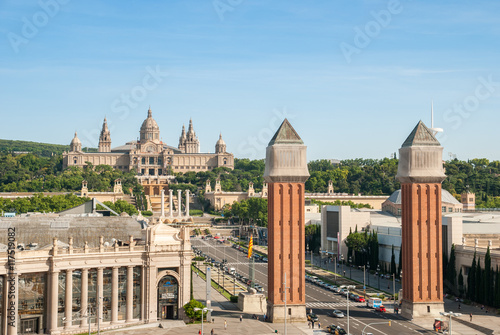 Photography Venetian Towers and National Palace on Plaza de Espana in Barcel
