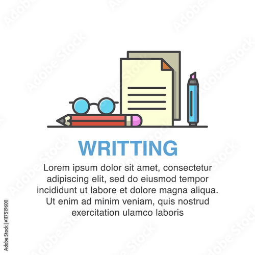 Writing banner design with pencil, glasses, paper sheets and marker icons.