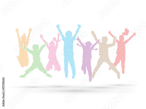 Group of children jumping , Front view designed using colors dots graphic vector.